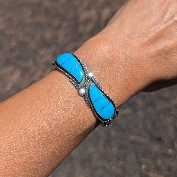 Handmade Zuni Cuff Bracelet Nevada Turquoise Inlay Sterling Jewelry Sz 6.25in. * - Picture 1 of 9